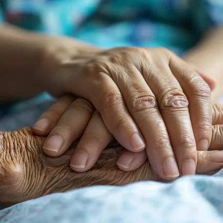 An elderly woman gently holds the hand of a young woman