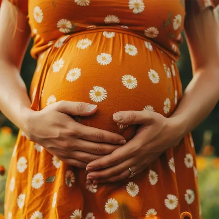 A pregnant woman in an orange dress stands in a colorful field of flowers
