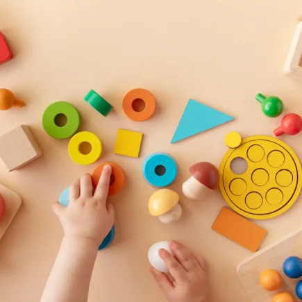 Toddler activity for motor and sensory development. Baby hands with colorful wooden toys on table from above