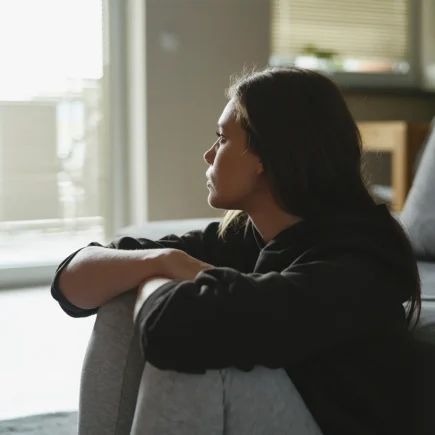 A sad woman sitting at the floor and looking throw window at home