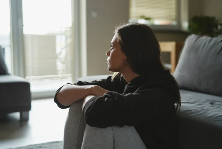 A sad woman sitting at the floor and looking throw window at home