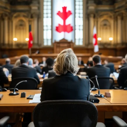 A woman sits at a table in a legislative chamber, with a Canadian flag behind her