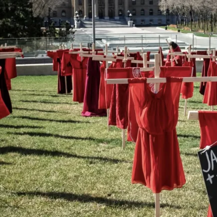 A photo depicting a field with wooden crosses with red dresses hung on them.