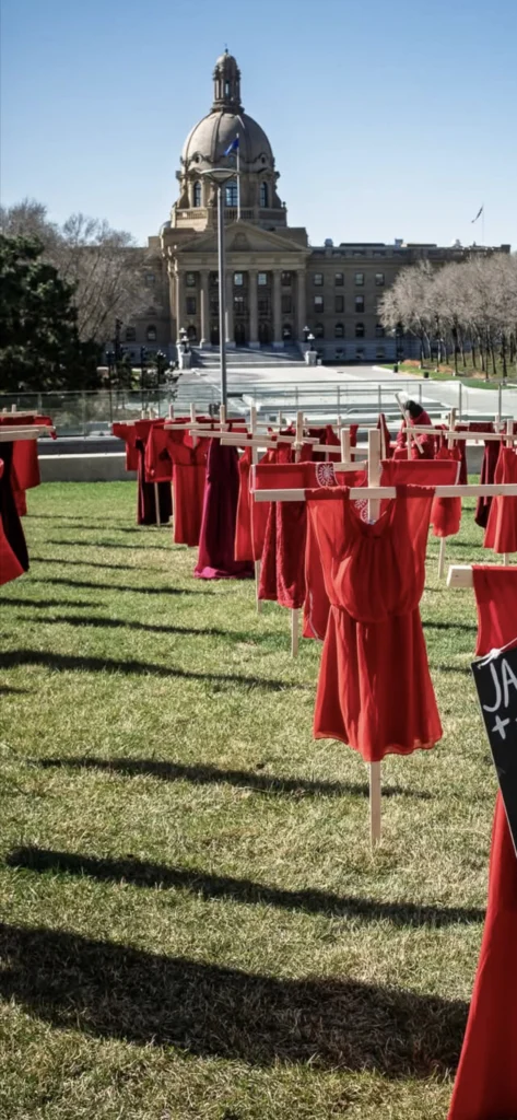 A photo depicting a field with wooden crosses with red dresses hung on them.